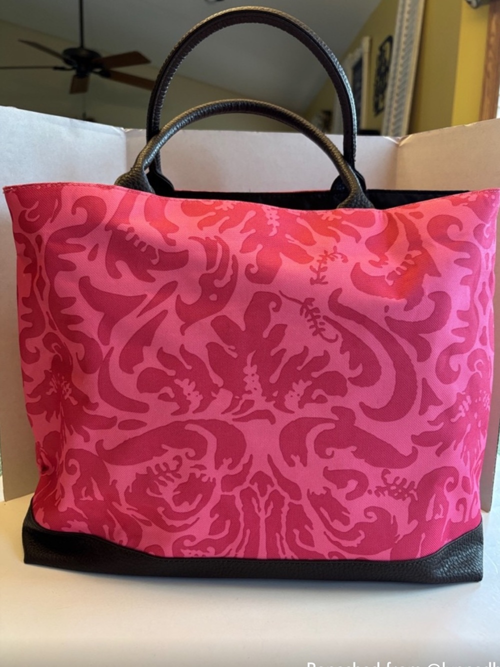 Pink Patterned Tote Bag with Black Trim